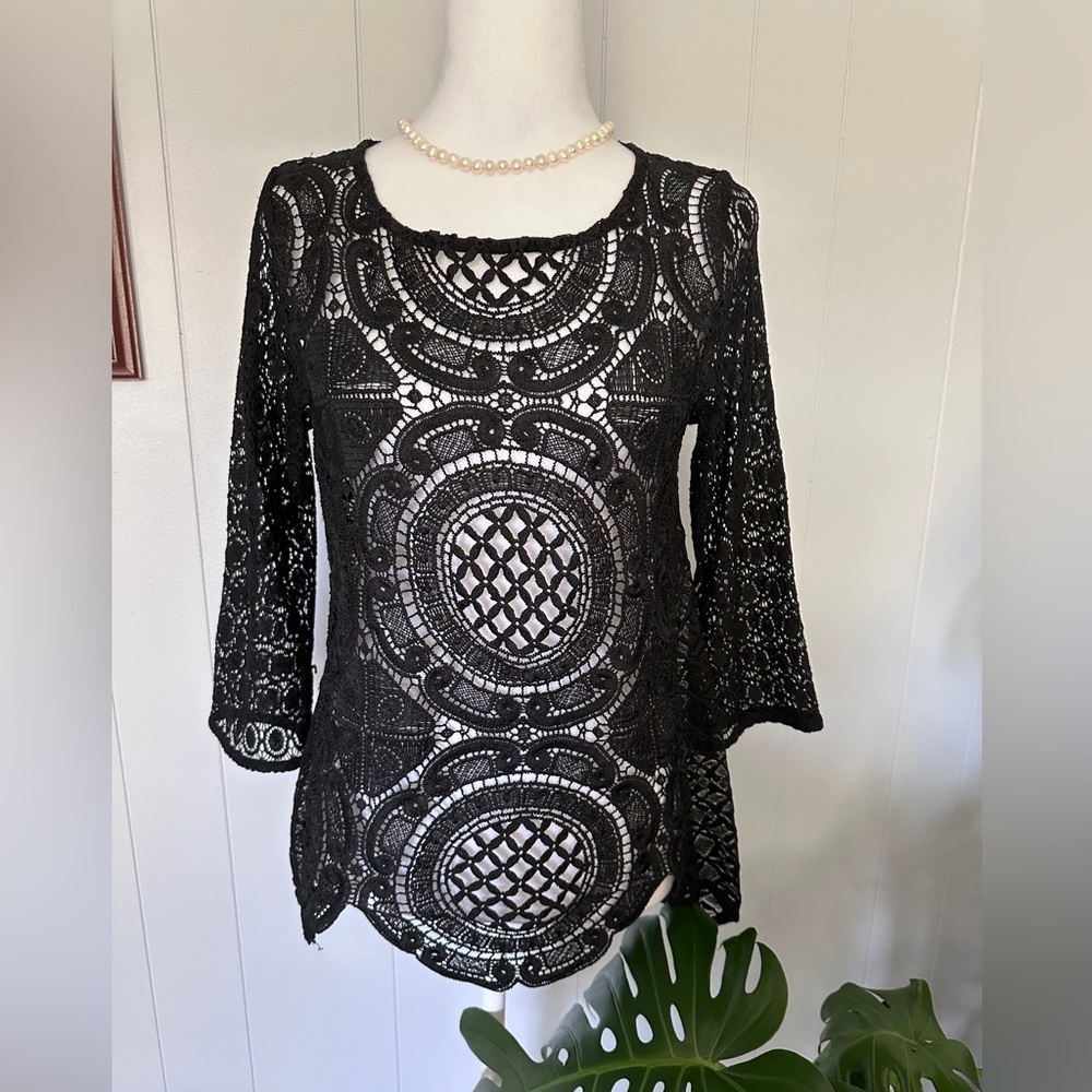 #9)  Black crocheted top size tags removed see measurements.( pit 16 “)